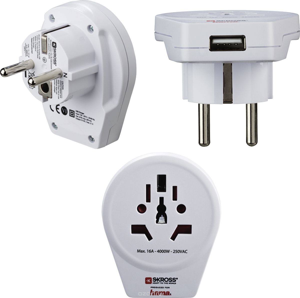 Hama 128231, White сетевой адаптер "World to Europe USB", 3 pins